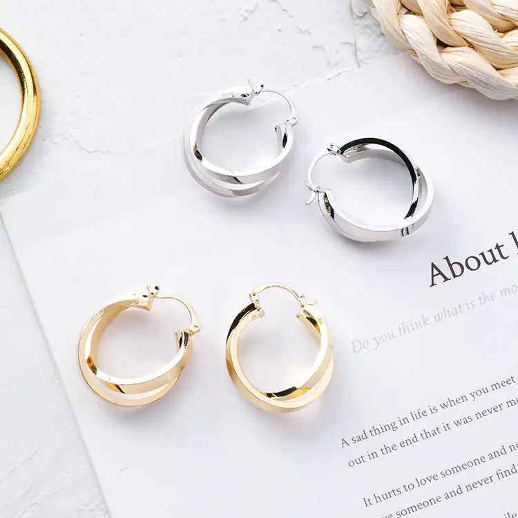 Korean Minimalist Metal Crossed Hoop Earrings for Women