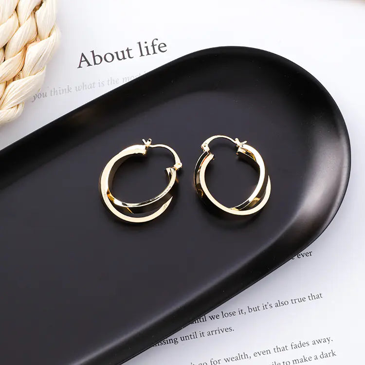 Korean Minimalist Metal Crossed Hoop Earrings for Women