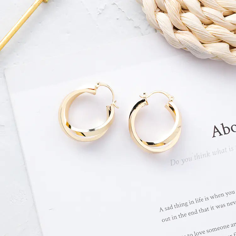 Korean Minimalist Metal Crossed Hoop Earrings for Women