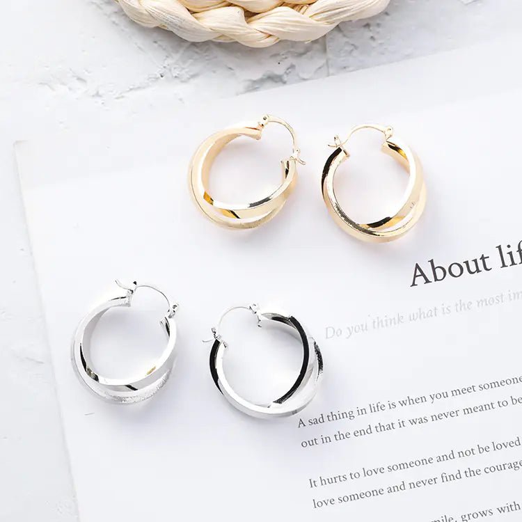 Korean Minimalist Metal Crossed Hoop Earrings for Women