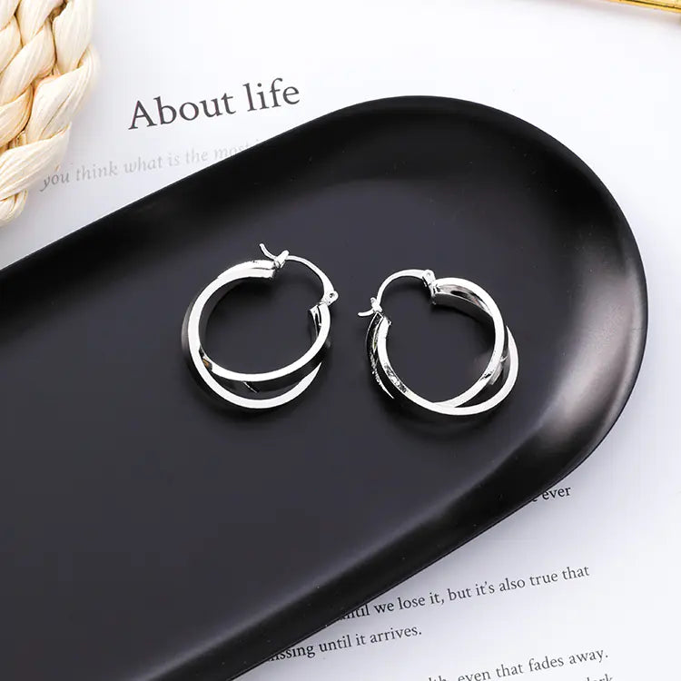 Korean Minimalist Metal Crossed Hoop Earrings for Women