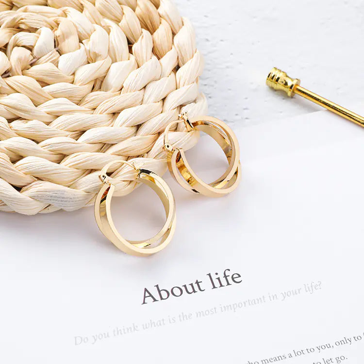 Korean Minimalist Metal Crossed Hoop Earrings for Women