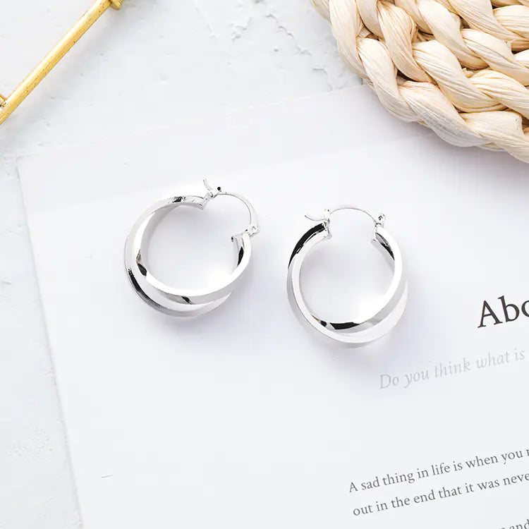 Korean Minimalist Metal Crossed Hoop Earrings for Women
