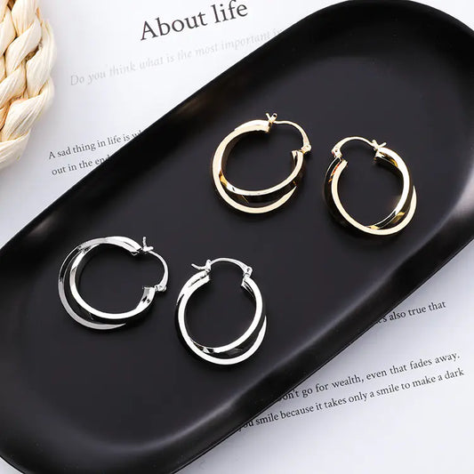 Korean Minimalist Metal Crossed Hoop Earrings for Women